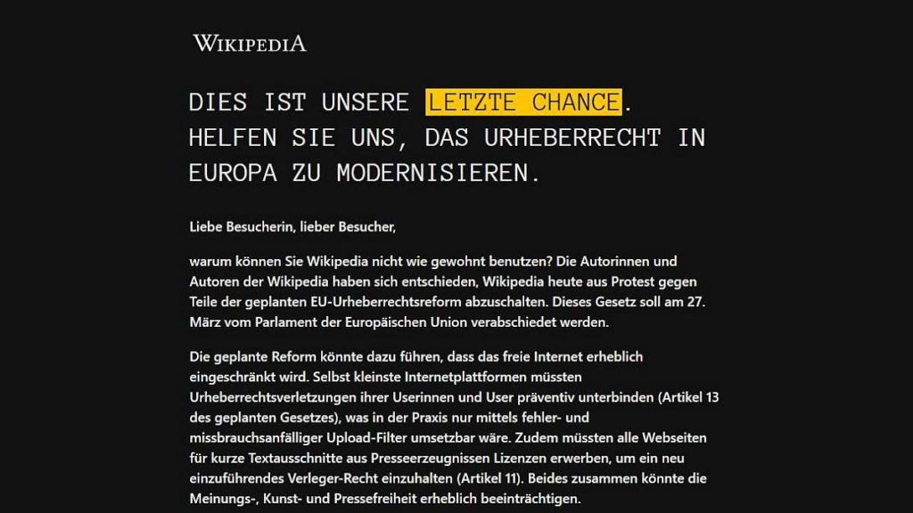 Wikipedia Protest gegen Artikel 11 und Artikel 13 der EU Urheberrechtsreform am 21.3.2019