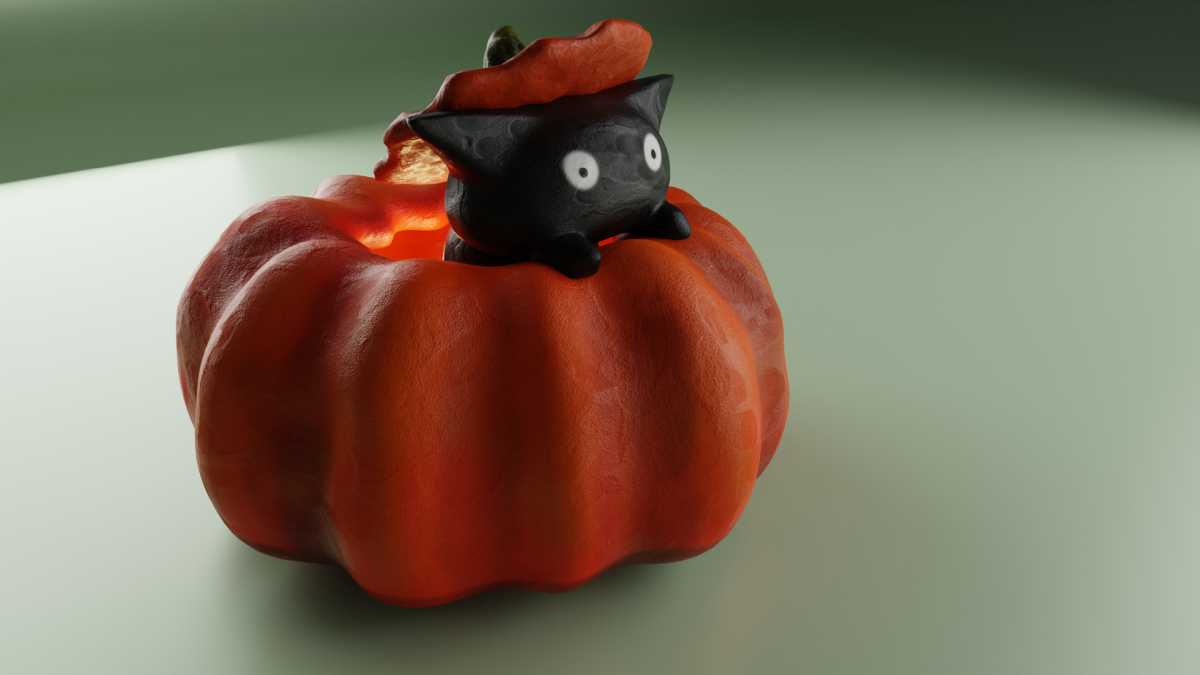 Katze im Kürbis. 3D Grafik mit Blender erstellt