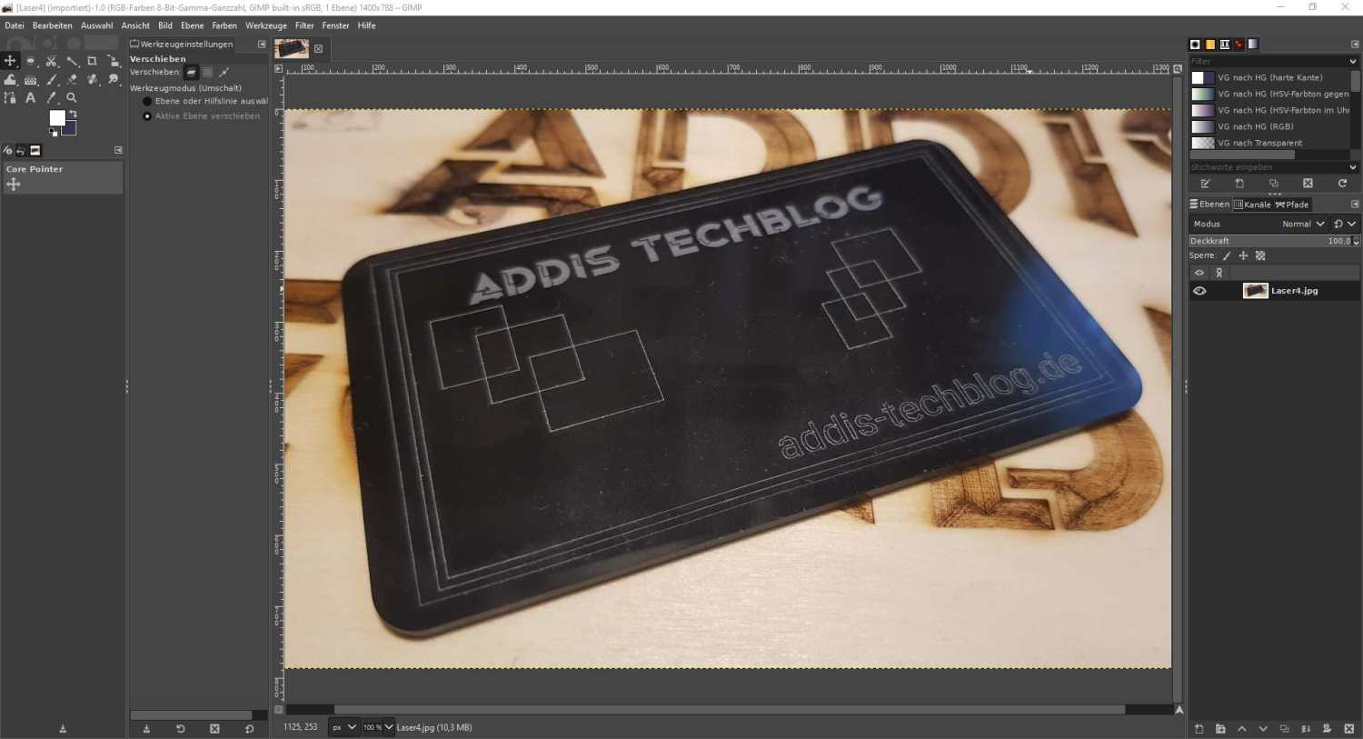 Lasergravur einer Karte mit Addis Techblog-Logo in GIMP geöffnet.