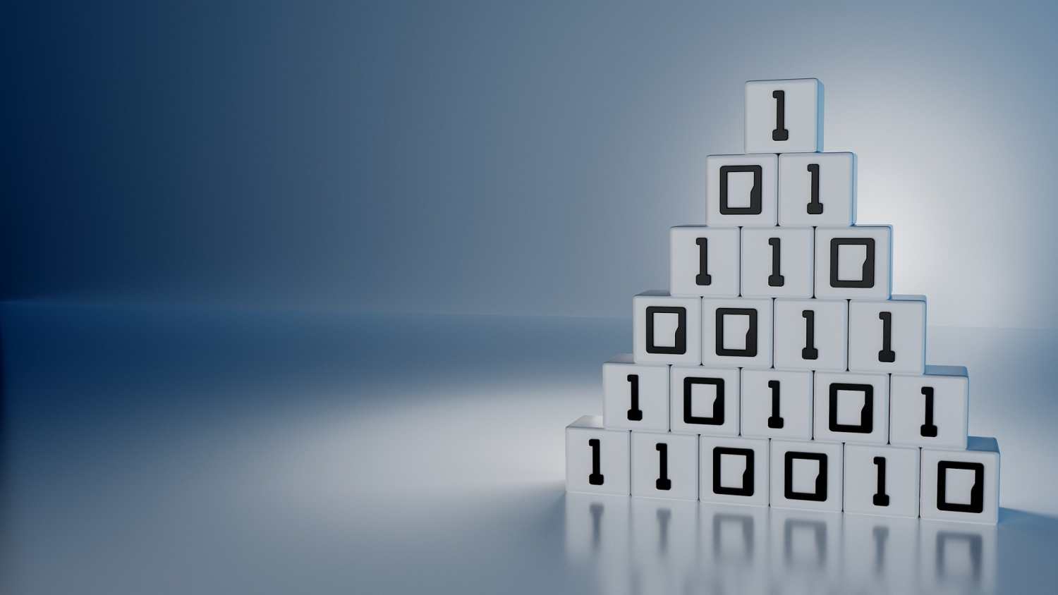Binärzahlen-Pyramide aus weißen Blöcken mit 1en und 0en