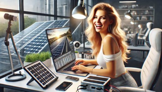Enthusiastische Technik-Bloggerin bei der Arbeit an Computern, Balkonkraftwerken und Gadgets.