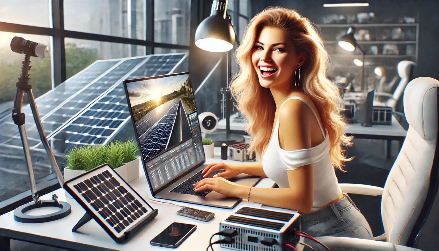Enthusiastische Technik-Bloggerin bei der Arbeit an Computern, Balkonkraftwerken und Gadgets.