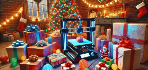 Weihnachtlich dekorierte Szene mit einem 3D-Drucker, umgeben von Geschenken und 3D-gedruckten Objekten, im Hintergrund ein Weihnachtsbaum mit Lichtern.
