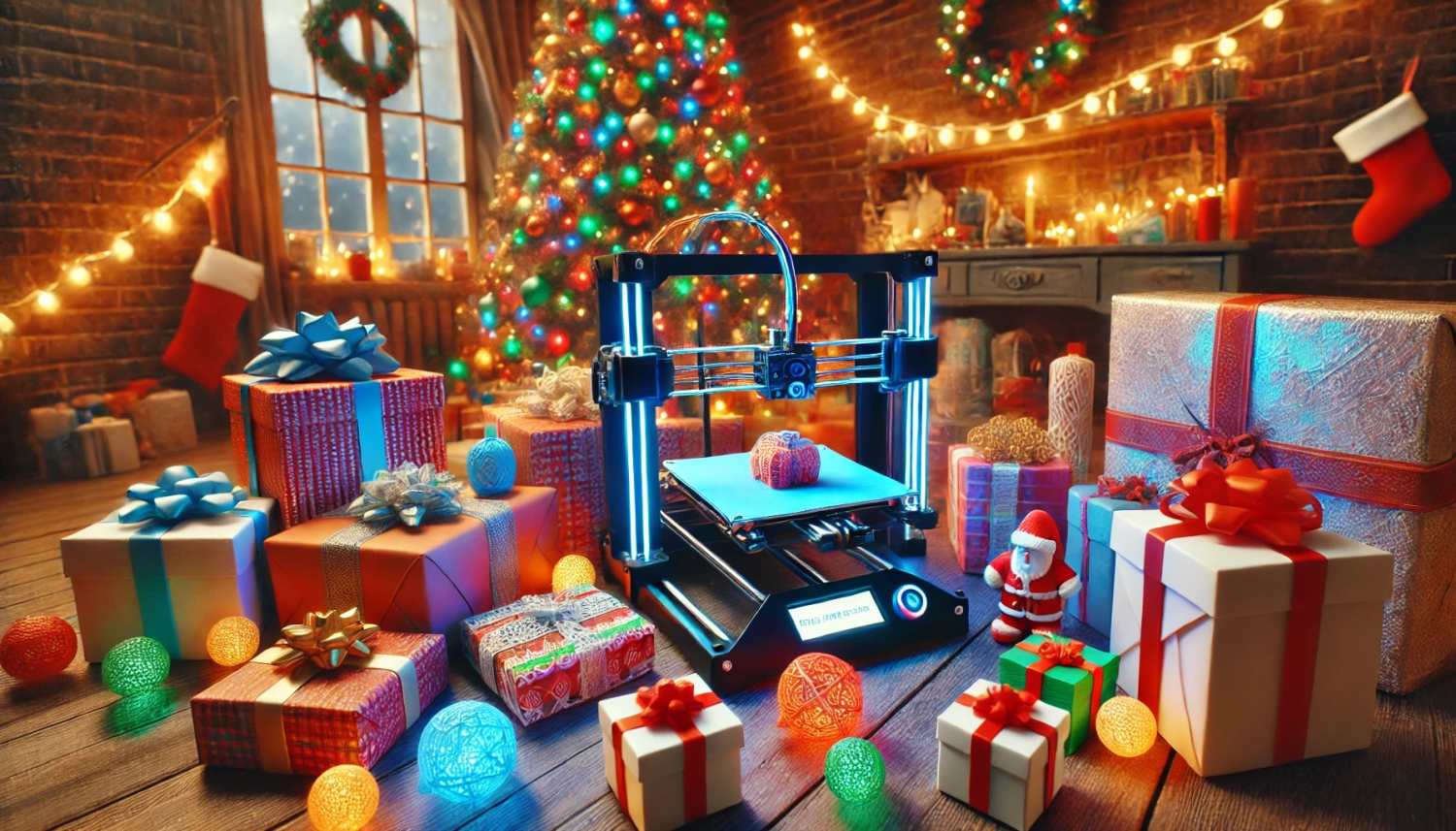 Weihnachtlich dekorierte Szene mit einem 3D-Drucker, umgeben von Geschenken und 3D-gedruckten Objekten, im Hintergrund ein Weihnachtsbaum mit Lichtern.
