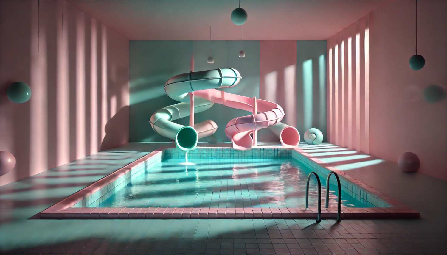 Leeres Schwimmbad mit Wasser und Bonbonfarbenen Wasserrutschen