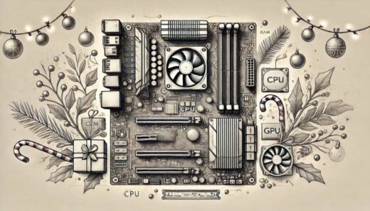 Explosionszeichnung eines PCs in Bleistift, mit weihnachtlicher Dekoration wie Stechpalmen, Zuckerstangen und kleinen Ornamenten.