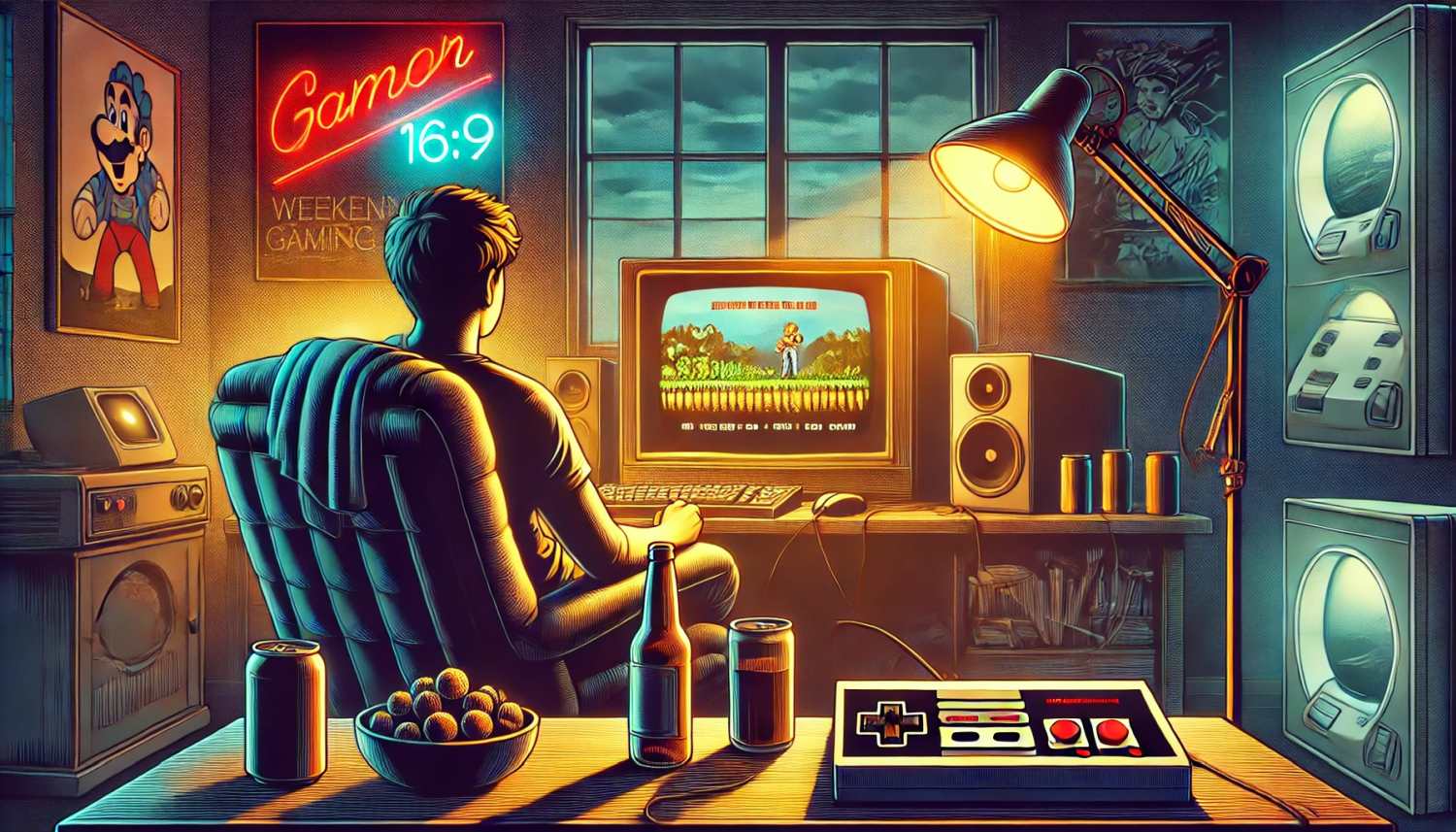 Gemütliches Gaming-Setup mit Snacks und Monitor, der ein Retro-Spiel anzeigt, in einem fotorealistischen, cinematischen Comic-Stil.