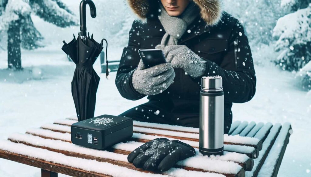 Person mit beheizbarer Kleidung, Handwärmer und wetterfesten Gadgets in einer verschneiten Winterlandschaft.