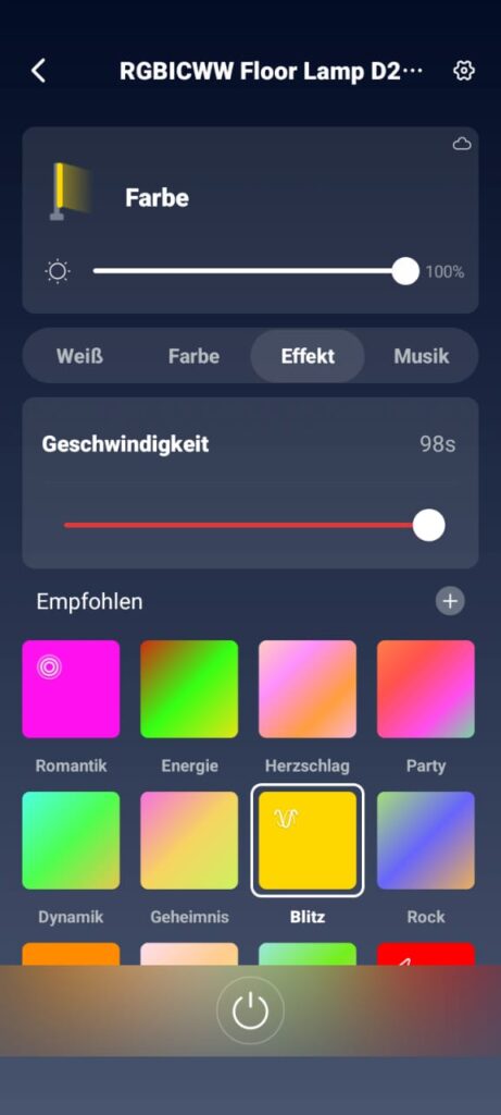 Switchbot RGBICWW Floor Lamp in der Switchbot App - Effekte
