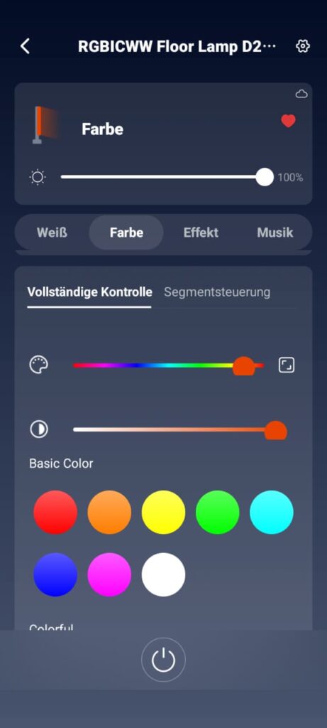 Switchbot RGBICWW Floor Lamp in der Switchbot App - Farben