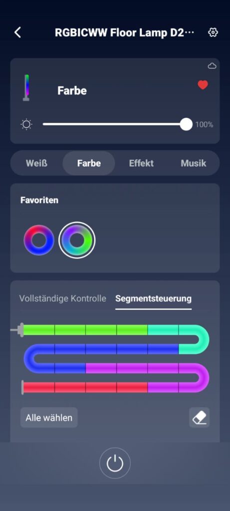 Switchbot RGBICWW Floor Lamp in der Switchbot App - Segment Steuerung