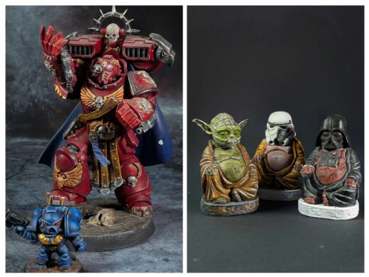 Collage mit handbemalten 3D-gedruckten Figuren: links detailreiche Resin-Miniaturen, rechts bemalte FDM-Drucke im Vergleich - 3D Printing - Addis Techblog