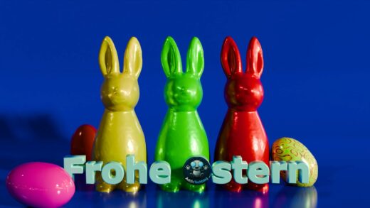 3 Bunte Hasen und ein Schriftzug der Frohe Ostern von Addis Techblog wünscht. Ein Bild, welches mit Blender gerendert wurde