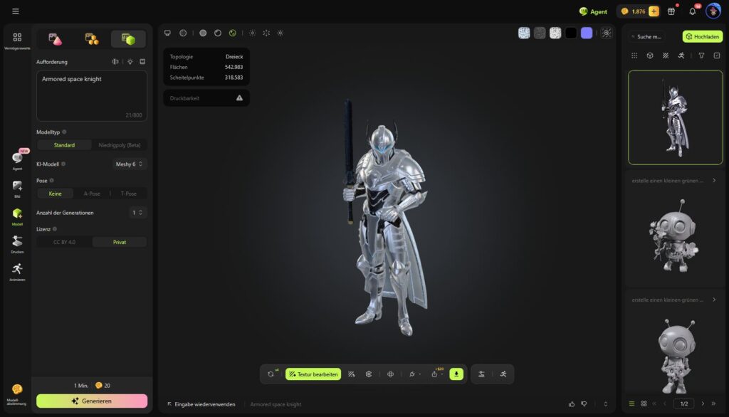 Armored Space Knight mit Meshy.ai erstellt