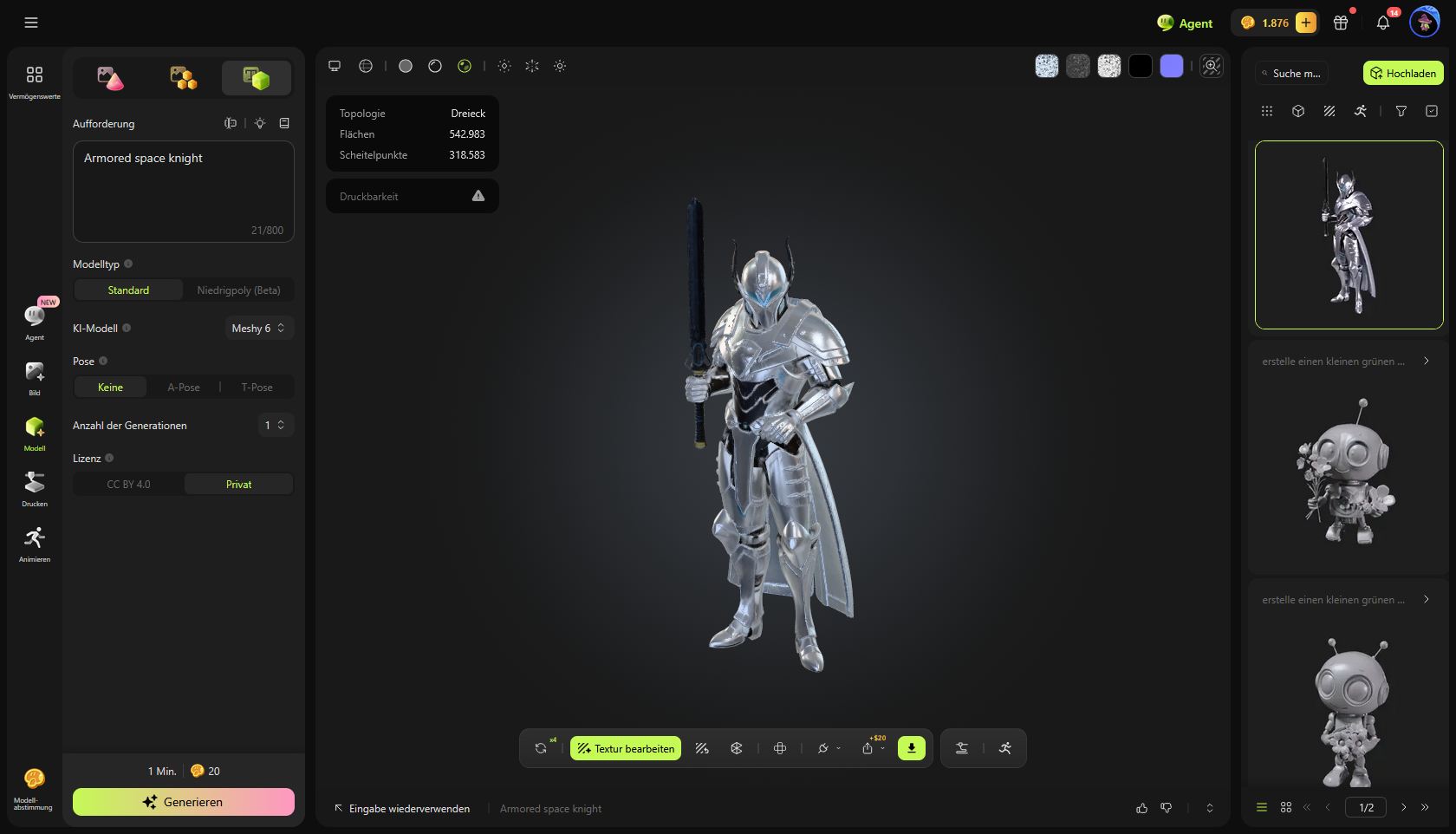 Armored Space Knight mit Meshy.ai erstellt