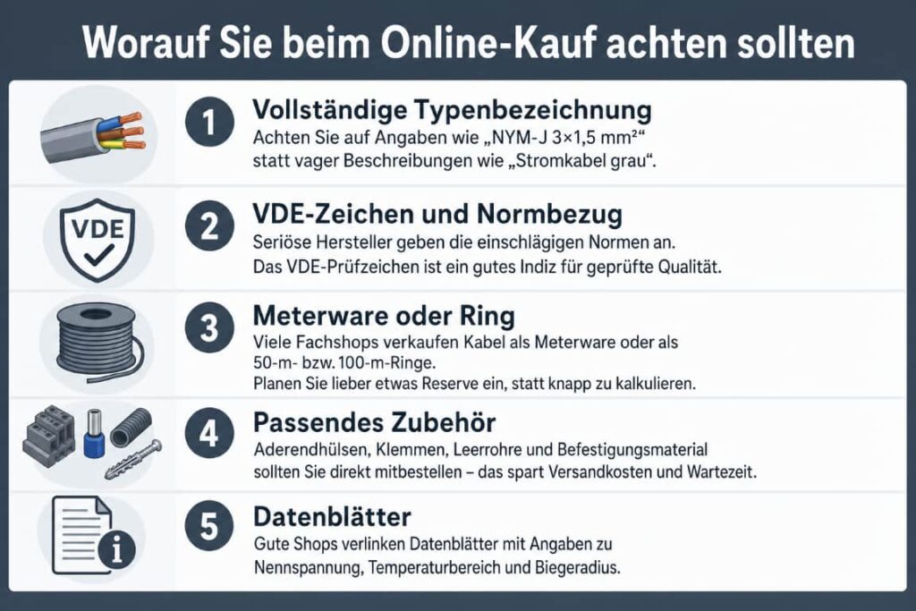 Infografik: Worauf Du beim Online-Kauf achten solltest - Vollständige Typenbezeichnung: Achte auf Angaben wie „NYM-J 3×1,5 mm²