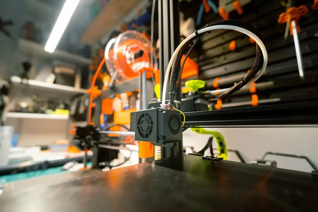 	3D-Drucker in einer Werkstatt mit Werkzeug und Filamentspule – Benchy als Testdruck nach Umbau und Kalibrierung