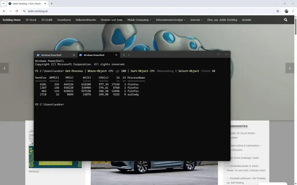 Scroonshot mit farbig hervorgehobenem Code im dunklen Raum – PowerShell-Skripting unter Windows