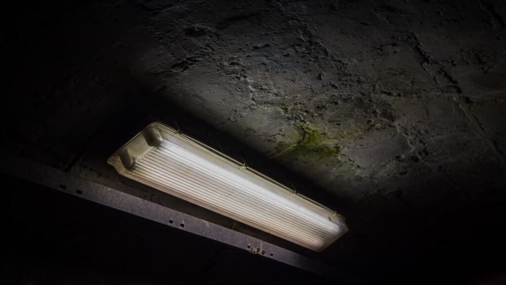 Langer, künstlich beleuchteter Betontunnel – Sinnbild für die Gänge und Ebenen im Silo
