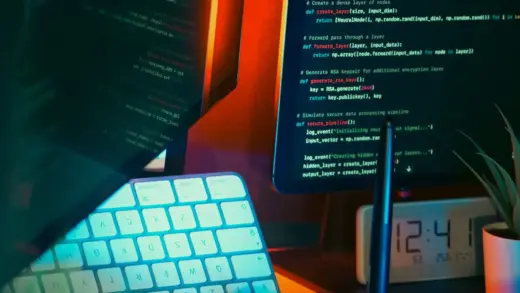 Arbeitsplatz mit mehreren Bildschirmen und beleuchteter Tastatur – Windows für Fortgeschrittene mit PowerShell und Automatisierung
