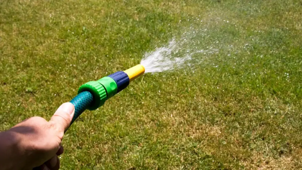 Gartenschlauch sprüht Wasser auf den Rasen