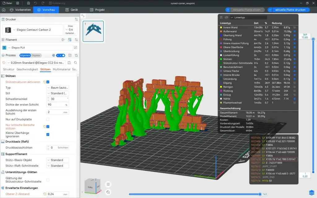 Screenshot des Elegoo Slicers. 3D Modell mit Stützstrukturen
