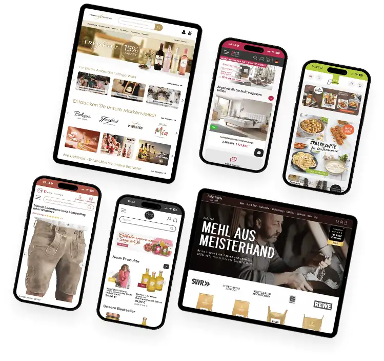 Darstellung eines Onlineshops auf verschiedenen Endgeräten wie Laptop, Tablet und Smartphone