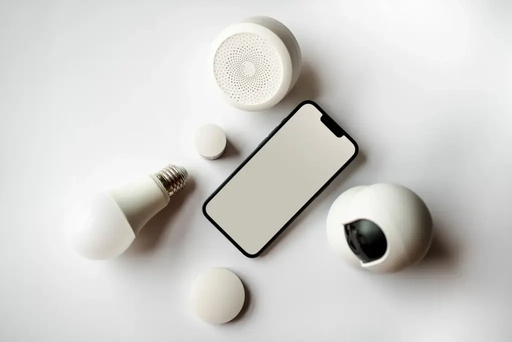 Smartphone und smarte Glühbirnen in einer Flatlay-Aufnahme