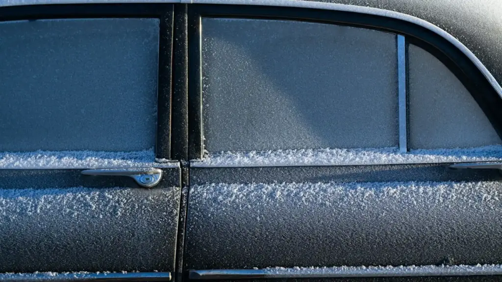 Auto an einem kalten Wintermorgen, bedeckt von Schnee und Eis