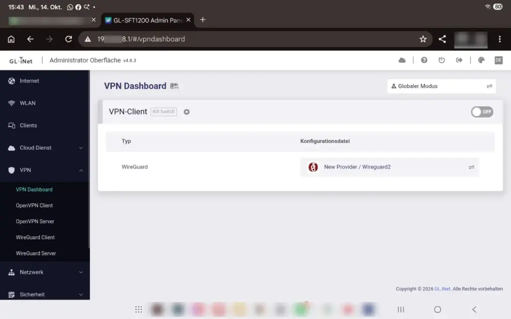 VPN-Dashboard der GL.iNet Administrator-Oberfläche 4.8.3 auf dem Opal GL-SFT1200 mit WireGuard-Client-Profil, Kill-Switch-Option und globalem Modus