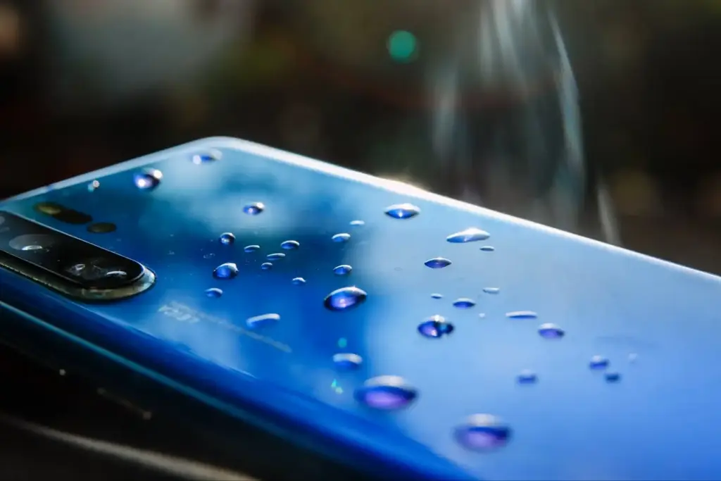 Wassertropfen auf der Rückseite eines blauen Smartphones
