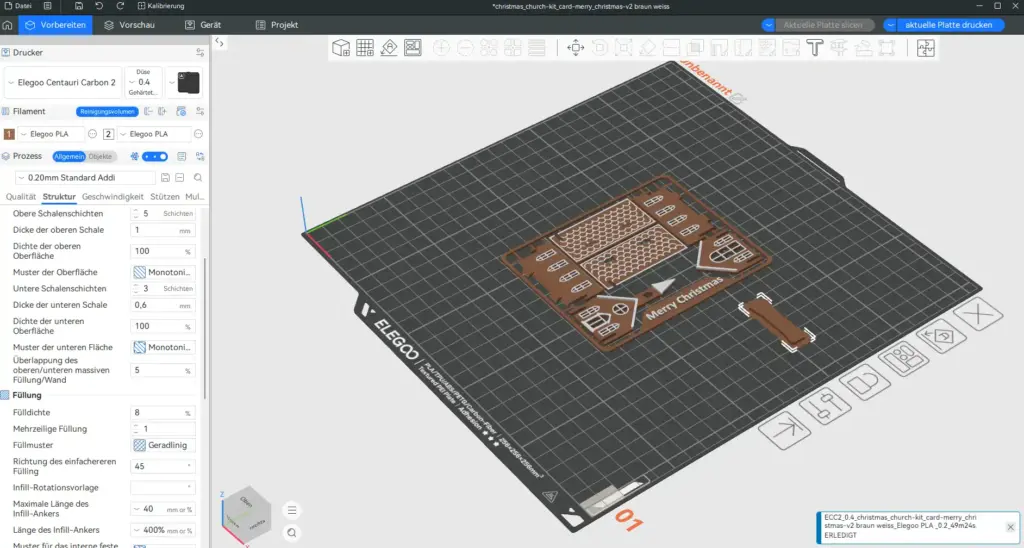 ElegooSlicer mit der Lebkuchenkirche-Kit-Card auf der Druckplatte und den Druckeinstellungen für den Elegoo Centauri Carbon 2