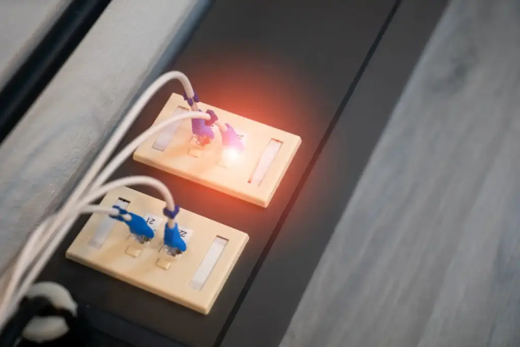 	Nahaufnahme eingesteckter Netzwerkkabel in LAN-Buchsen mit leuchtenden LEDs