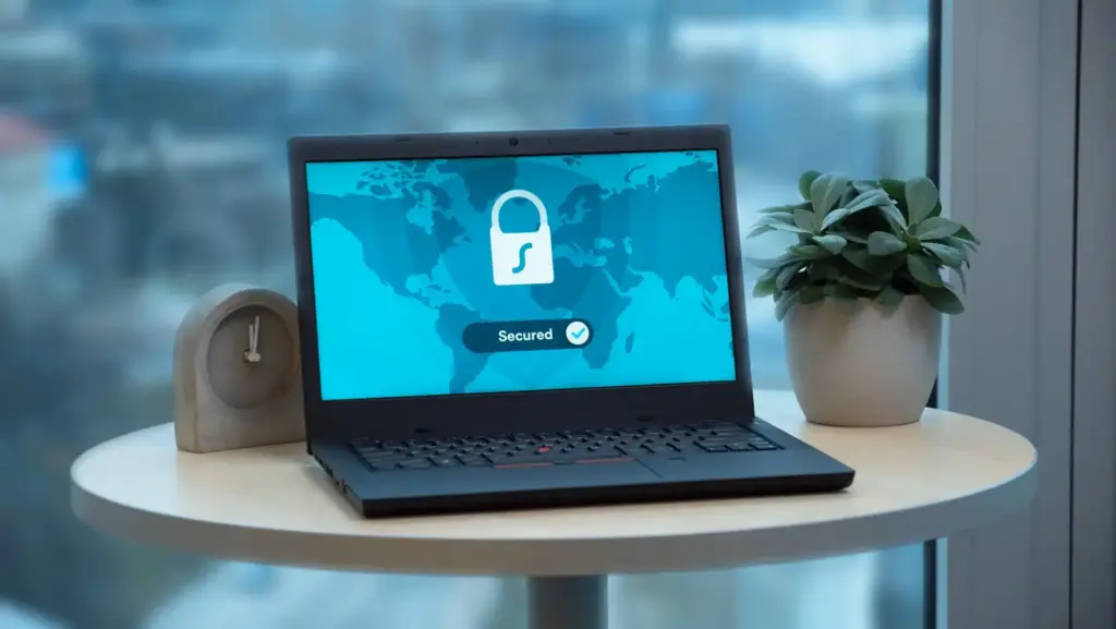 	Laptop auf einem Tisch mit einem Schloss-Symbol auf dem Bildschirm