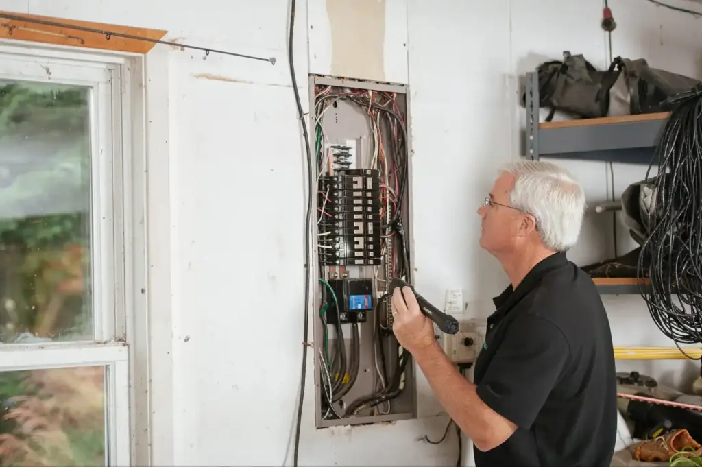 Elektriker begutachtet einen Sicherungskasten und Zählerschrank in einem Wohngebäude